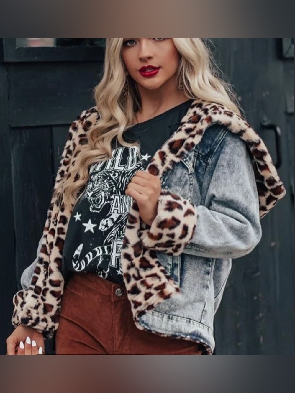 Faux Fur (Reversible) Denim Jacket - Leopard Trim